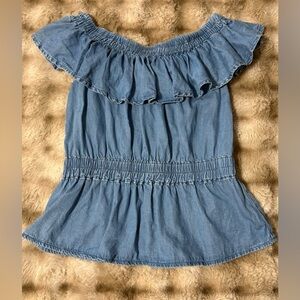 All Saints Off-Shoulder Ruffle Denim Top